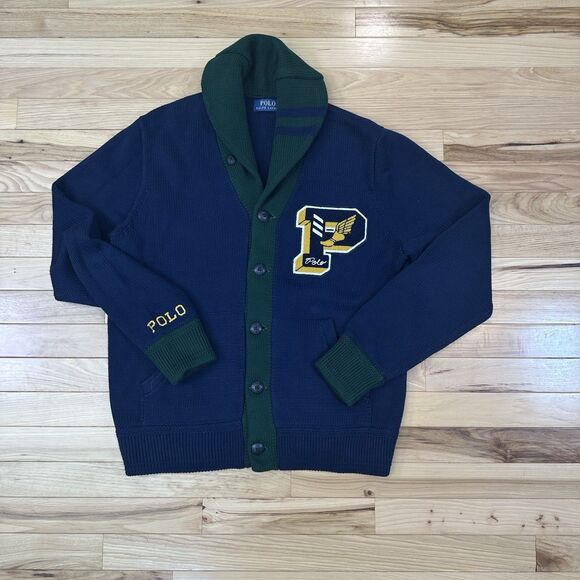 Polo Ralph Lauren Letterman Varsity Cardigan Mens Medium Blue P-Wing Cotton - Picture 1 of 5
